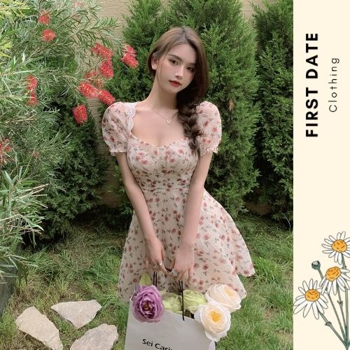 Váy hoa nhí tay bồng hở lưng Đầm nữ tiểu thư FIRST DATE sexy (SẴN)