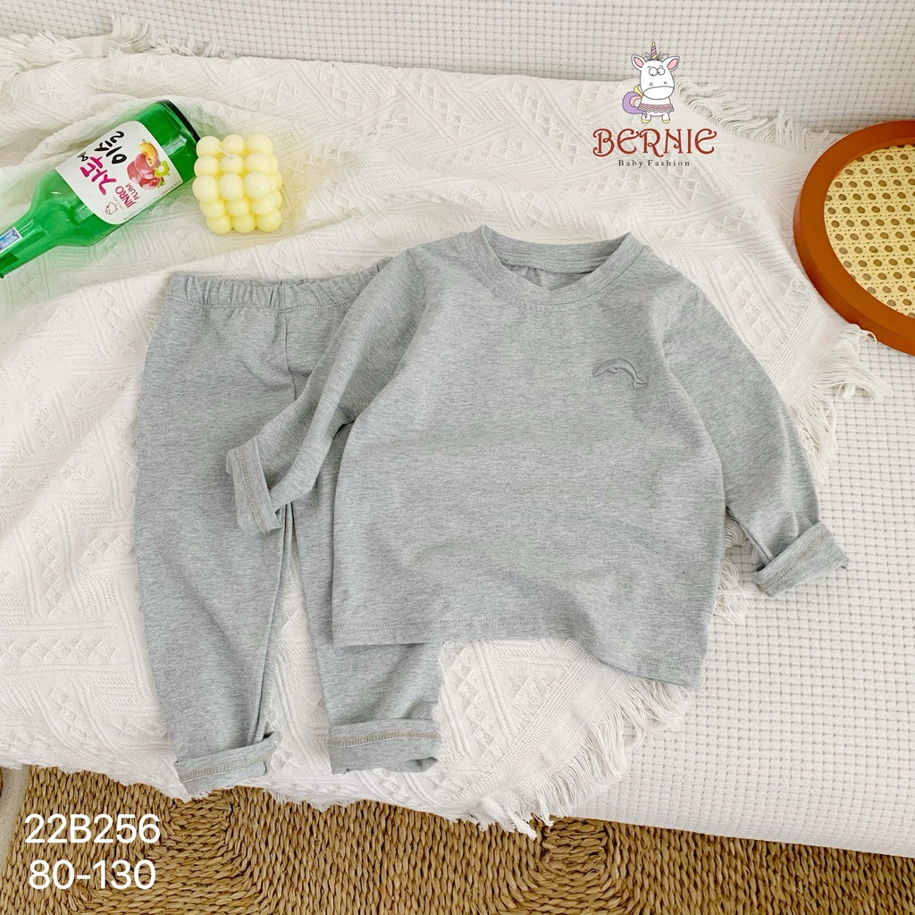 Bộ cotton unisex dài tay cho bé, bộ thun tay dài trơn thêu hoạ tiết cá màu Bernie