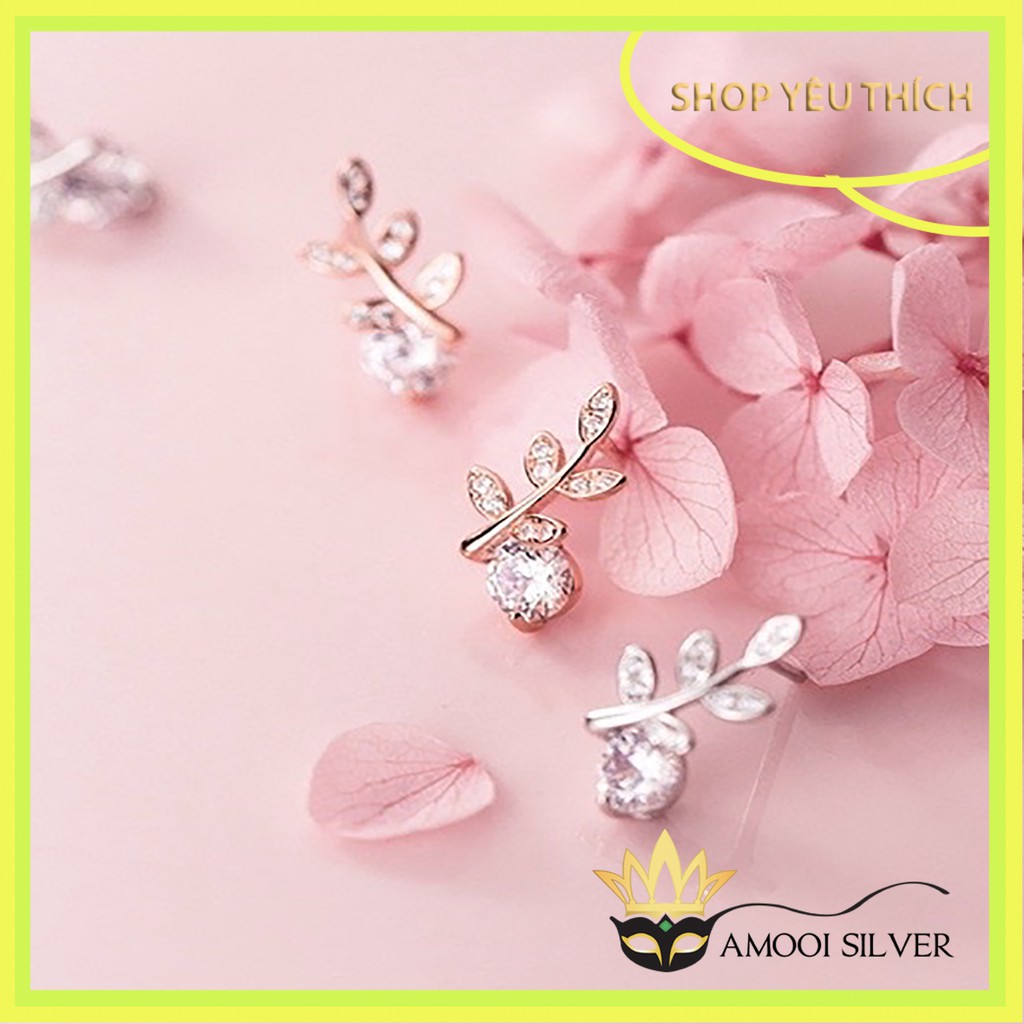 Bông tai bạc S925 chiếc lá đá CZ sáng đẹp - Amooi Silver AB99