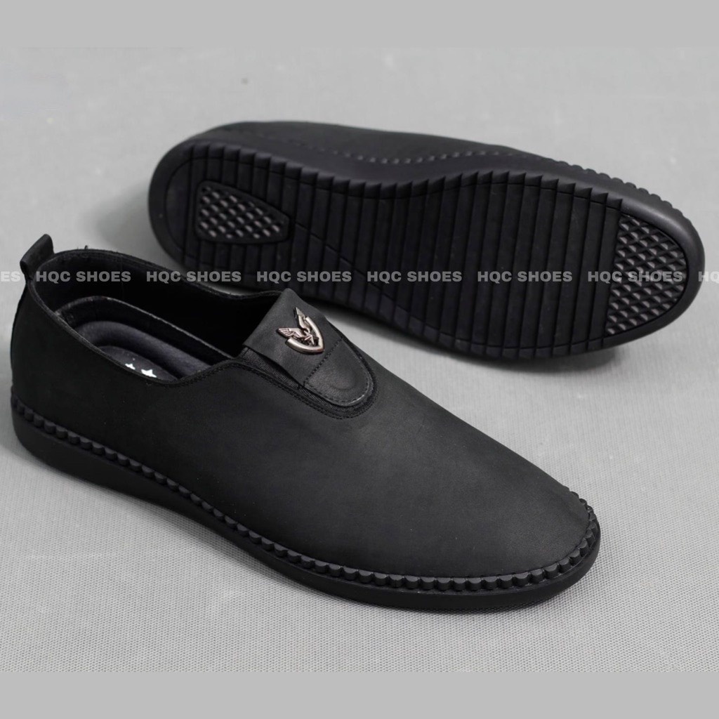 Giày lười nam HQC SHOES da bò thật đế cao su khâu chỉ bảo hành 12 tháng Gl023