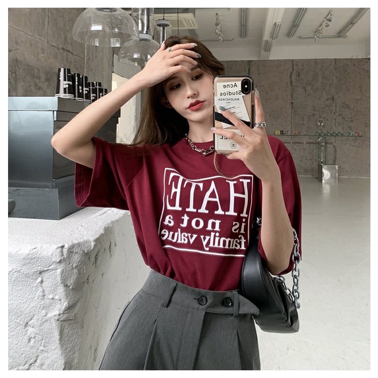 Áo thun ZHELIHANGFEI ngắn tay dáng rộng in chữ cá tính thời trang dễ phối đồ
