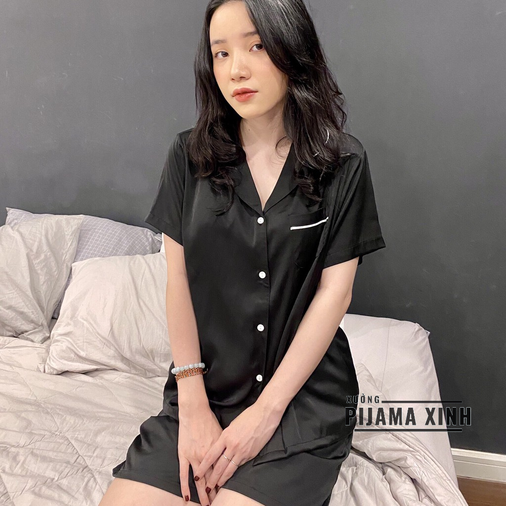 Pyjama lụa trơn - Chất Latin trơn màu đen Cao cấp Chất đẹp Đường may chuẩn, Bộ cộc quần ngắn