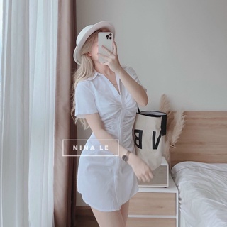 Đầm Sơ Mi Nhúm Ngực Cộc Tay