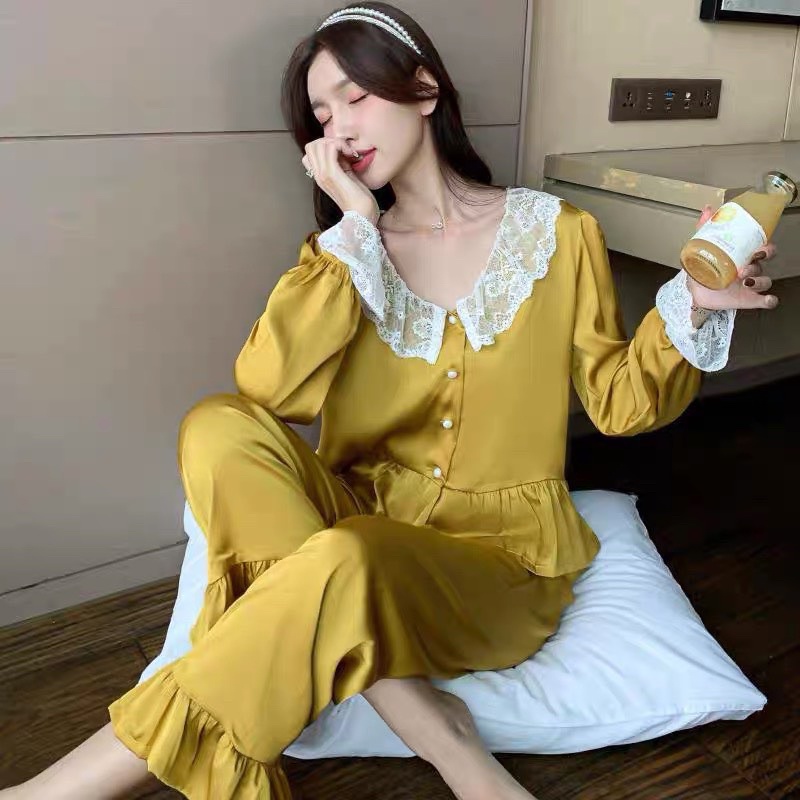 Set đồ bộ pijama mặc nhà LỤA LATIN tay dài quần dài phối bèo ren Tiểu Thư cao cấp sang trọng