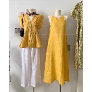 Đầm yếm linen nút bọc