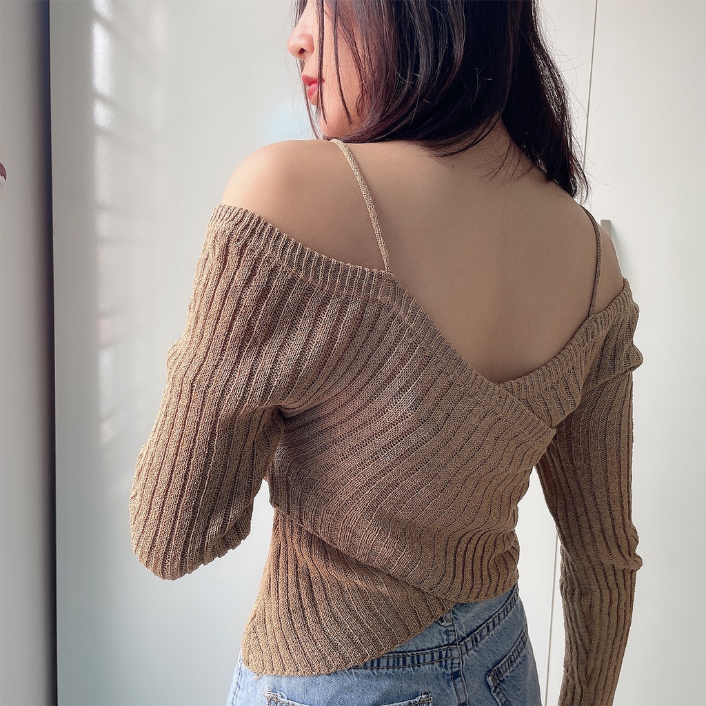 Áo len trễ vai 2 dây chéo vạt chất liệu nhung tăm co giãn tốt kiểu dáng Hàn Quốc 23Closet-ALTT05