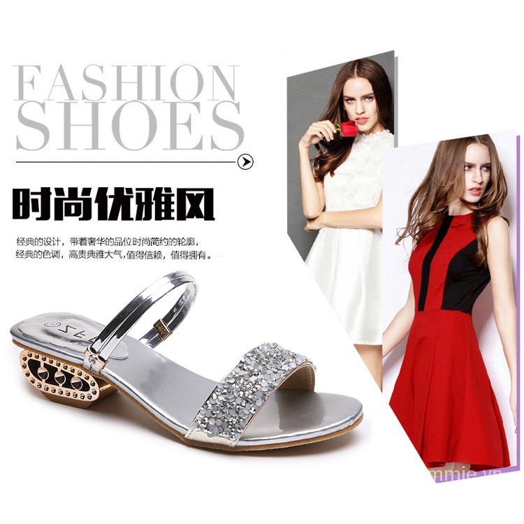 2021Summer New Sandals Women's Fashionable Chunky Heel Rhinestone Casual Sandals Two-Way Korean Style Oxford Bottom Student Shoes