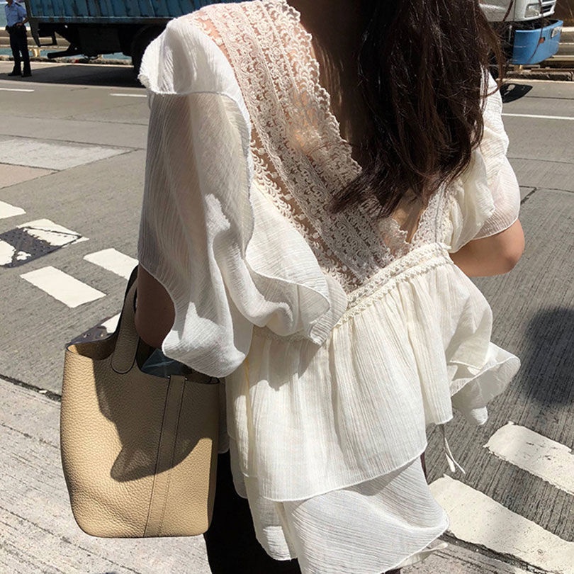 Áo Sơ Mi Voan Tay Ngắn Cổ Chữ v Dáng Rộng Phối Ren Thời Trang Hàng Mới 2022