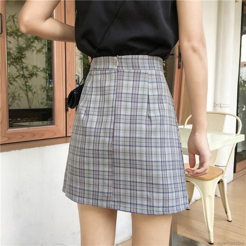 Chân váy chữ A sọc ca rô lưng cao phong cách vintage