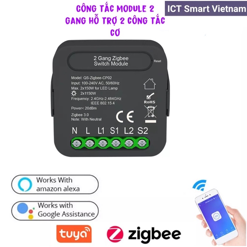 Công tắc module Tuya Wifi/ Zigbee hỗ trợ 2 công tắc cơ 1 chiều hoặc 2 chiều