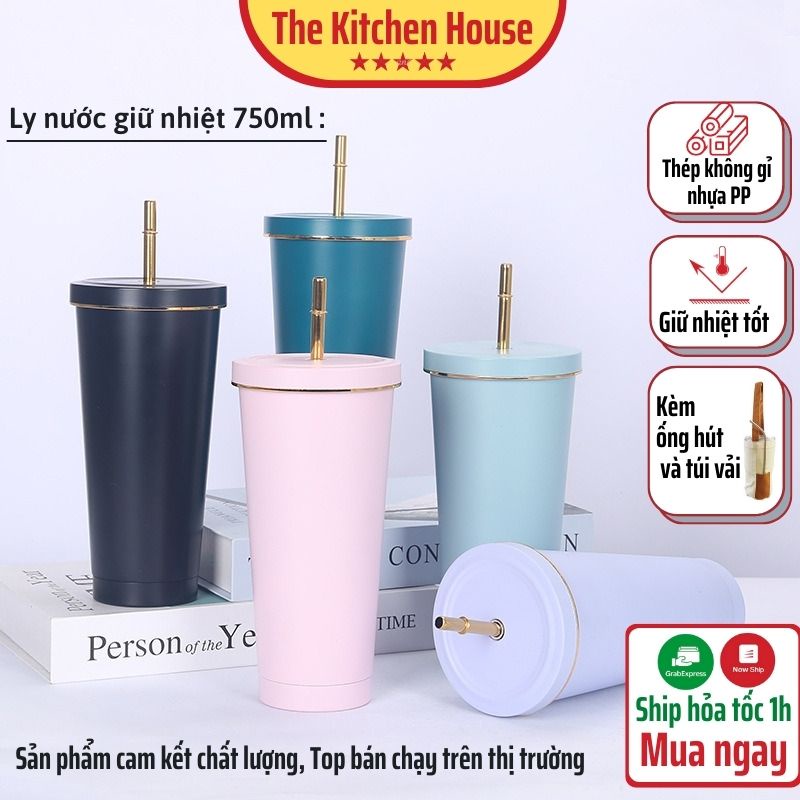 Ly giữ nhiệt uống Coffee Inox 304 không gỉ dung tích 750ml cao cấp, kèm ống hút, giữ nhiệt 6-12 tiếng Thekitchenhouse