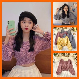 Áo kiểu kate caro nhúng ngực bo eo HÀNG Y HÌNH