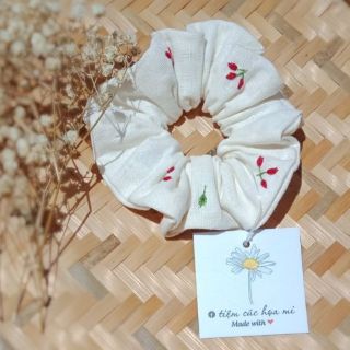 Cột tóc vải scrunchies thêu tay vải linen