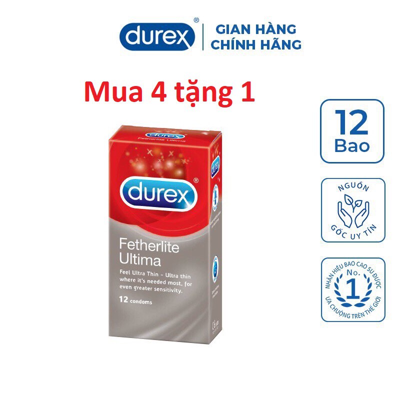 [Hôp 12 bao] COMBO 4 hộp Durex Siêu mỏng Fetherlite Ultima tặng 1 hộp cùng loại