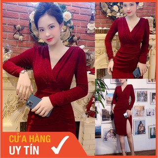 Váy body nhũ đỏ cổ v rút eo