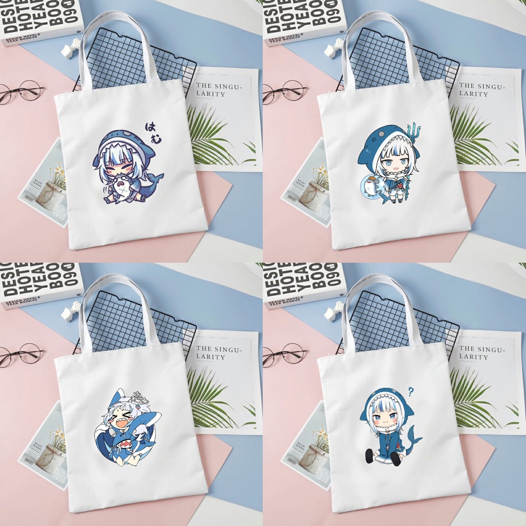 Túi tote vải trắng đeo vai in hình GAWR GURA Hololive Vtuber phong cách anime chibi tiện lợi thời trang
