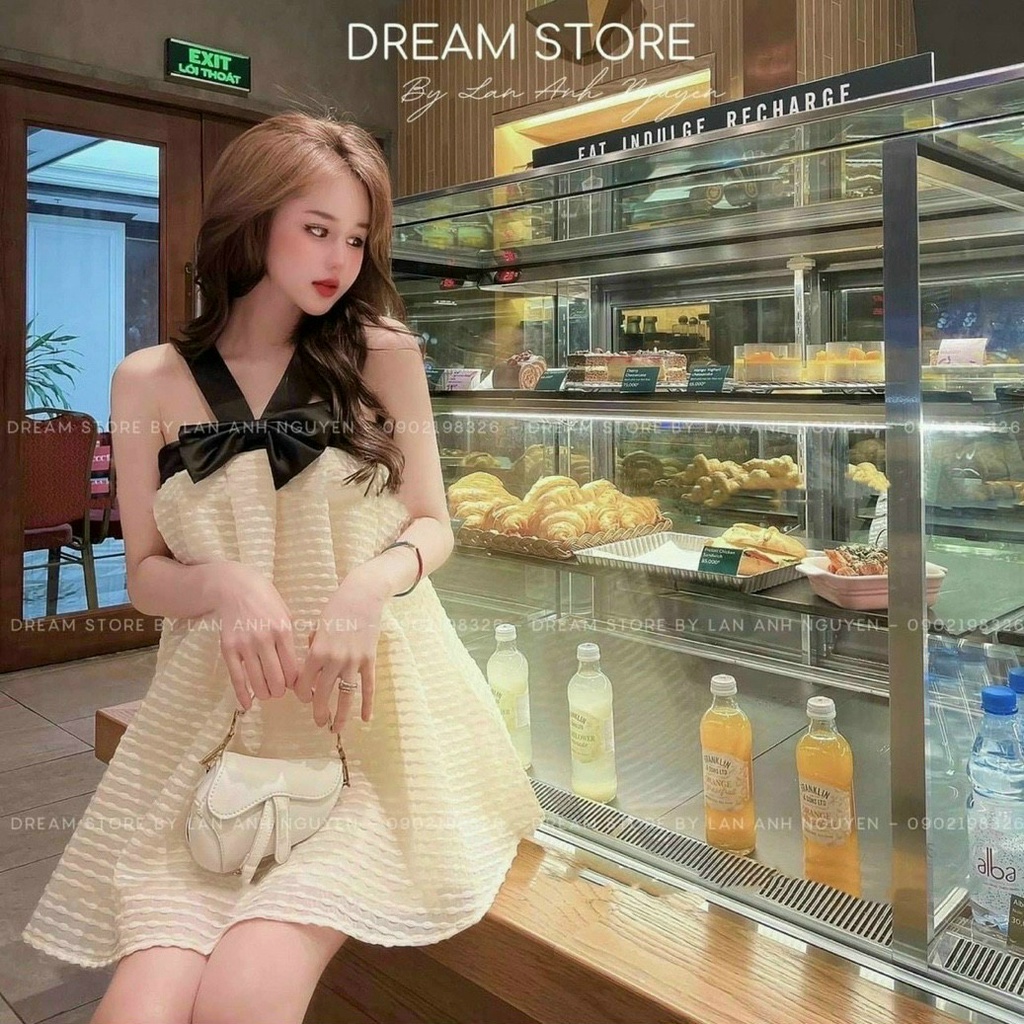 (Sale FreeShip) Đầm nữ from babydoll,đầm cổ yếm nơ ngực phối viền cực xinh,chất xô cao cấp,diện đi đâu cũng xinh