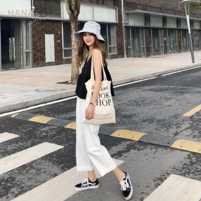 Quần đũi ống rộng dài 85 cm dáng lửng nữ ống suông - Lưng thun cạp chun khoá thật - màu Đen Trắng - Chất vải đũi | BigBuy360 - bigbuy360.vn