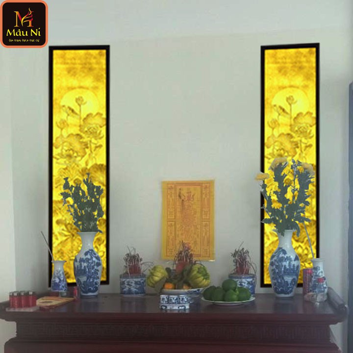 Tranh trúc chỉ in MÂU NI, cặp 2 vách 30cmx120cm, Sen hội tụ [Bộ Đồ Thờ Bằng Sứ Bát Tràng đẹp cần có ]