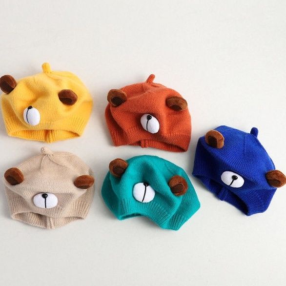 Mũ Len Dệt Kim Màu Kẹo Hình Gấu Hoạt Hình Cho Bé 1-4 Tuổi