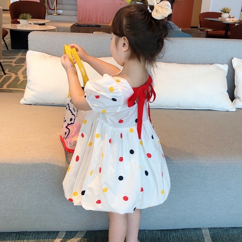 Đầm Công Chúa Bằng Cotton Tay Ngắn Phối Ren Họa Tiết Chấm Bi Thời Trang Mùa Hè Cho Bé Gái