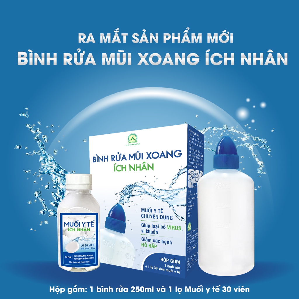 Bộ bình vệ sinh mũi họng Ích Nhân diệt khuẩn, giảm xoang -  Bình và 1 lọ muối y tế 30 viên BBR