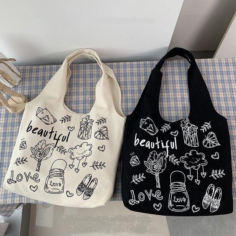Túi tote vải canvas liền thân đeo vai đựng đồ đi học đi chơi thời trang