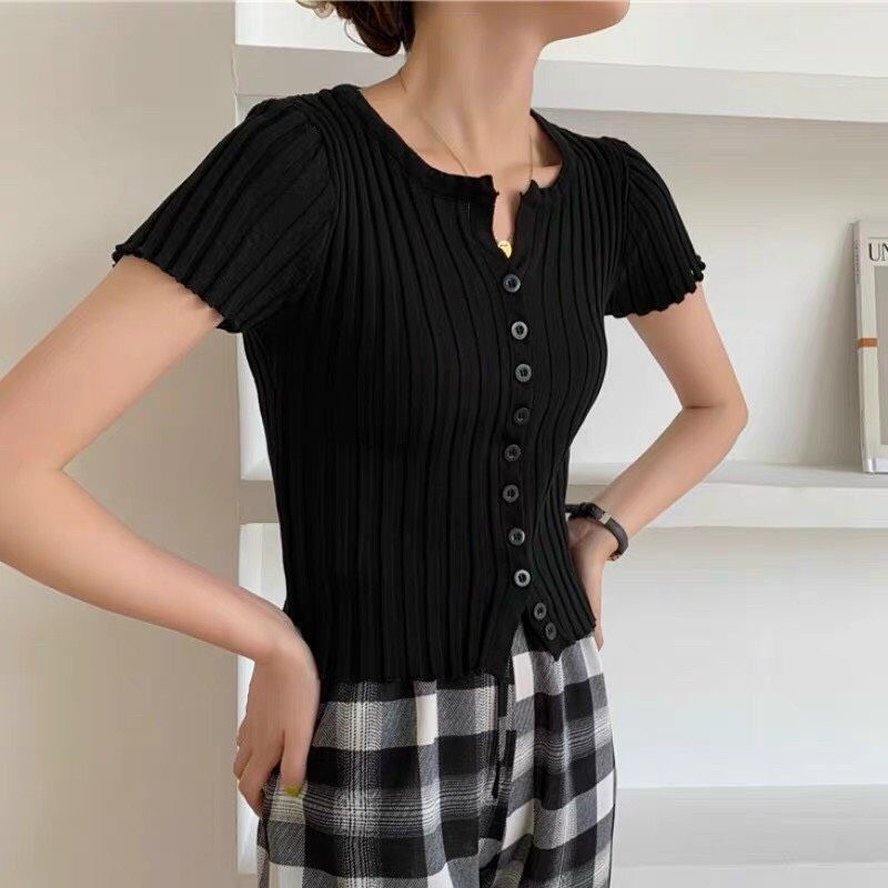 Áo Len tăm nữ cộc tay cài khuy cổ tròn trơn nhiều màu CROPTOP