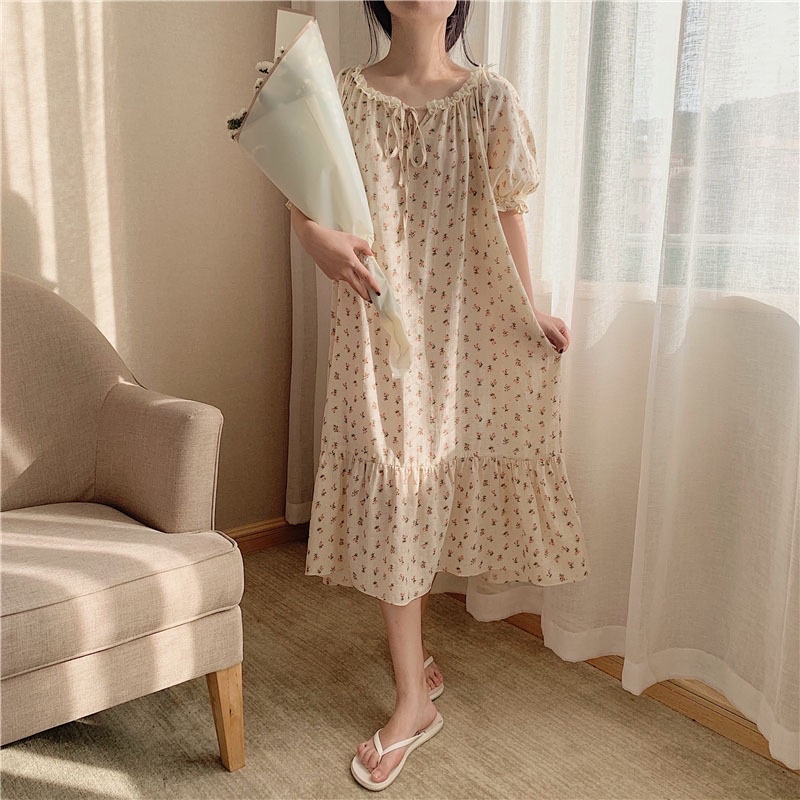 Váy nữ tay ngắn chất đũi mịn hoạ tiết hoa nhí dễ thuơng Quảng Châu cao cấp | BigBuy360 - bigbuy360.vn