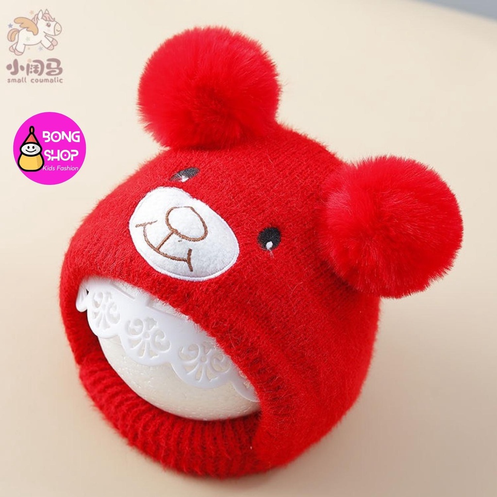 Mũ len 2 quả bông dày dặn ấm áp và dễ thương cho bé