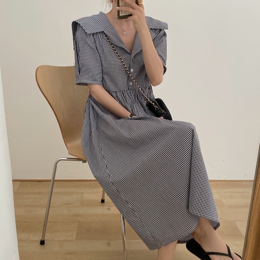 Váy  caro cổ thủy thủ basic Korea
