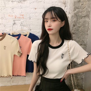 Áo Croptop Ngắn Tay Cổ Tròn Xinh Xắn Theo Phong Cách Hàn Quốc