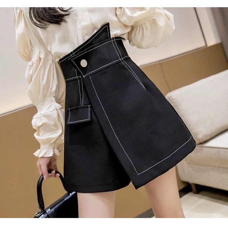 Quần đùi giả váy cạp cao chỉ viền nổi vát lệch vải Vitex cao cấp không bai xù