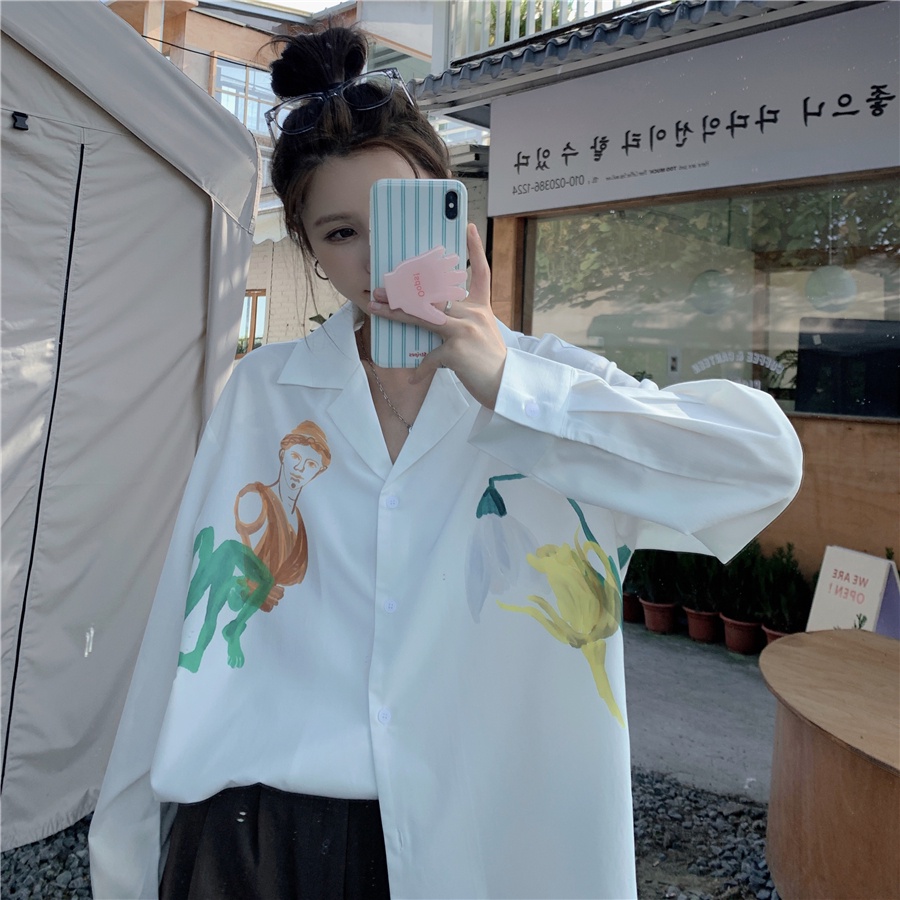 Áo Sơ Mi Nữ Tay Dài Dáng Rộng Cổ Polo In Họa Tiết Phong Cách Hàn Quốc