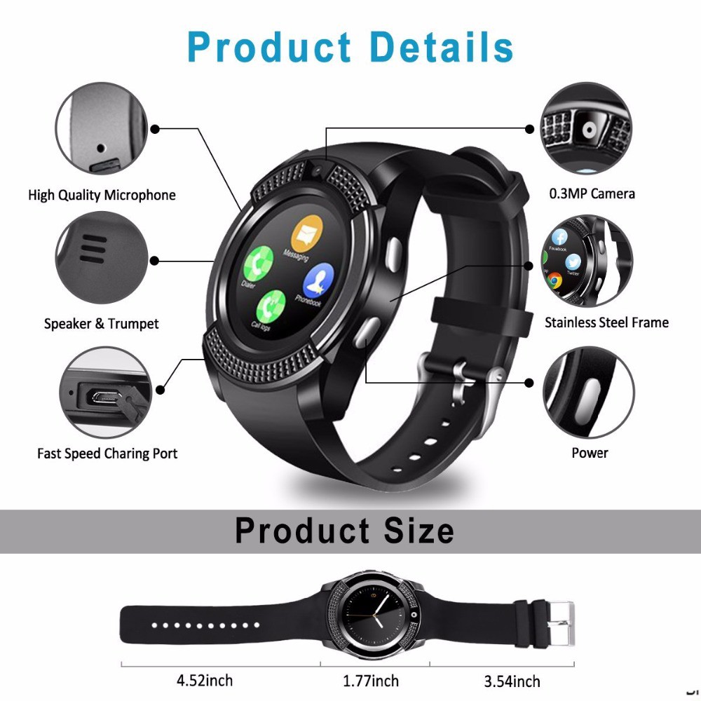 Đồng hồ thông minh SMARTWATCH V8 màn hình cảm ứng có hỗ trợ gắn SIM và thẻ nhớ