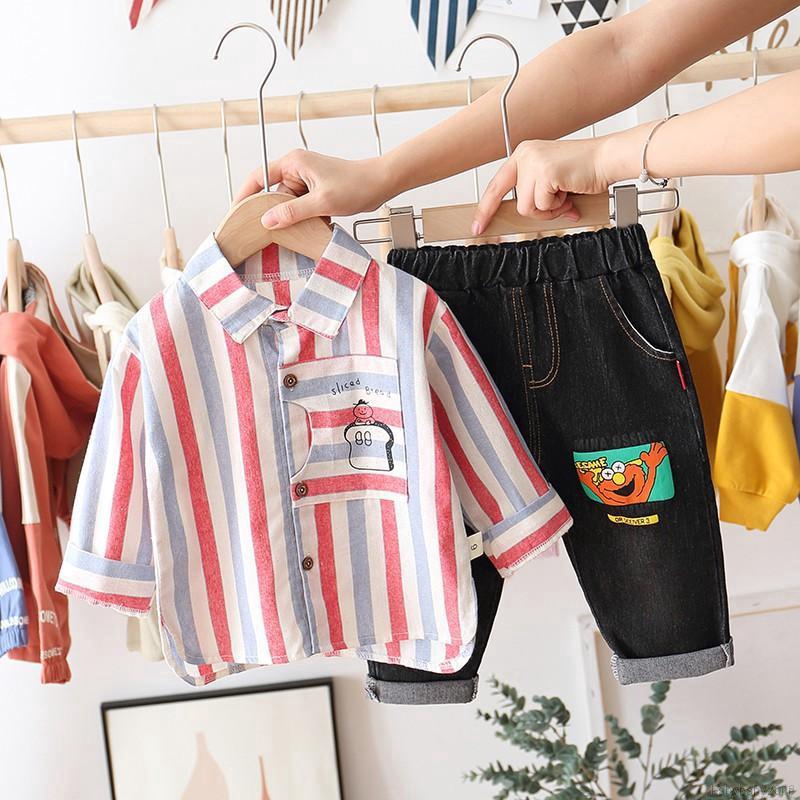 Bộ áo thun dài tay kẻ sọc + quần dài in hoạt hình cho bé trai