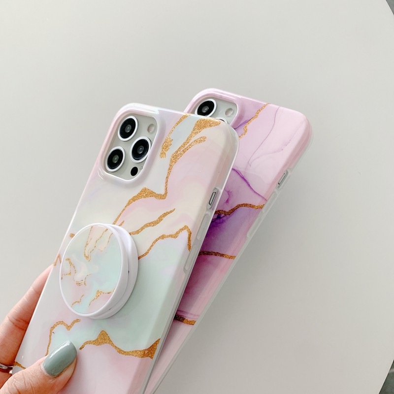 Case For iPhone 12 Pro Max 12 Mini 11 Pro Max XS Max XR X 7 Plus 8 Plus SE 2020 Shockproof Gold Powder Marble Folding Bracket Soft Phone Case Cover