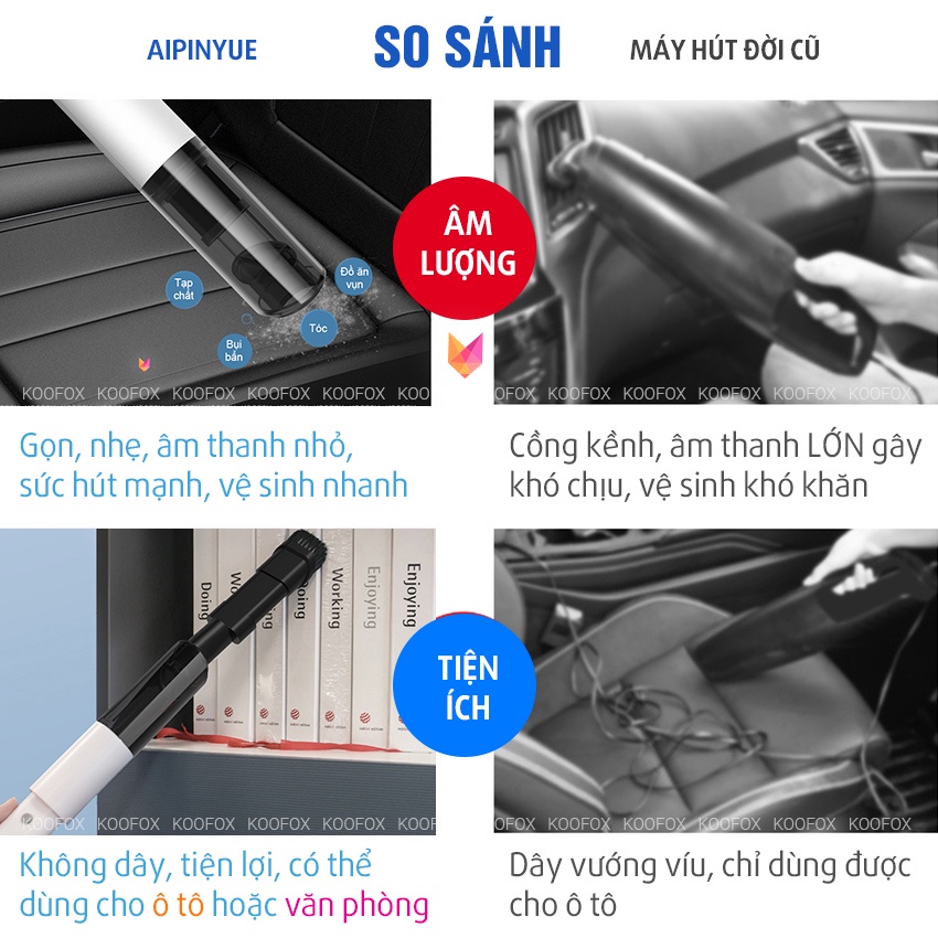 Máy hút bụi cầm tay mini Đa Năng Không Dây AIPINYUE - Hút bụi làm sạch ô tô, vệ sinh nhà cửa - 💖KOOFOX💖
