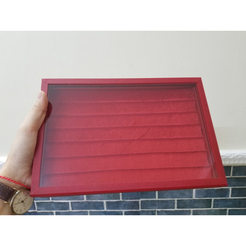 Hộp gỗ nhung nắp kính trưng bày nhẫn màu đỏ màu đen màu trắng size 23,5 x 16 x 4cm