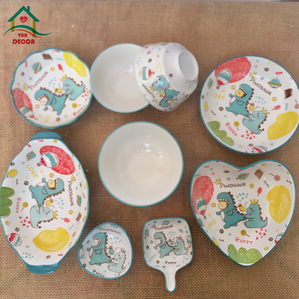 Set Bát Đĩa Decor 🦖🦖🦕 Khủng Long Xanh🦖🦖🦕 Siêu Dễ Thương Cao Cấp B86