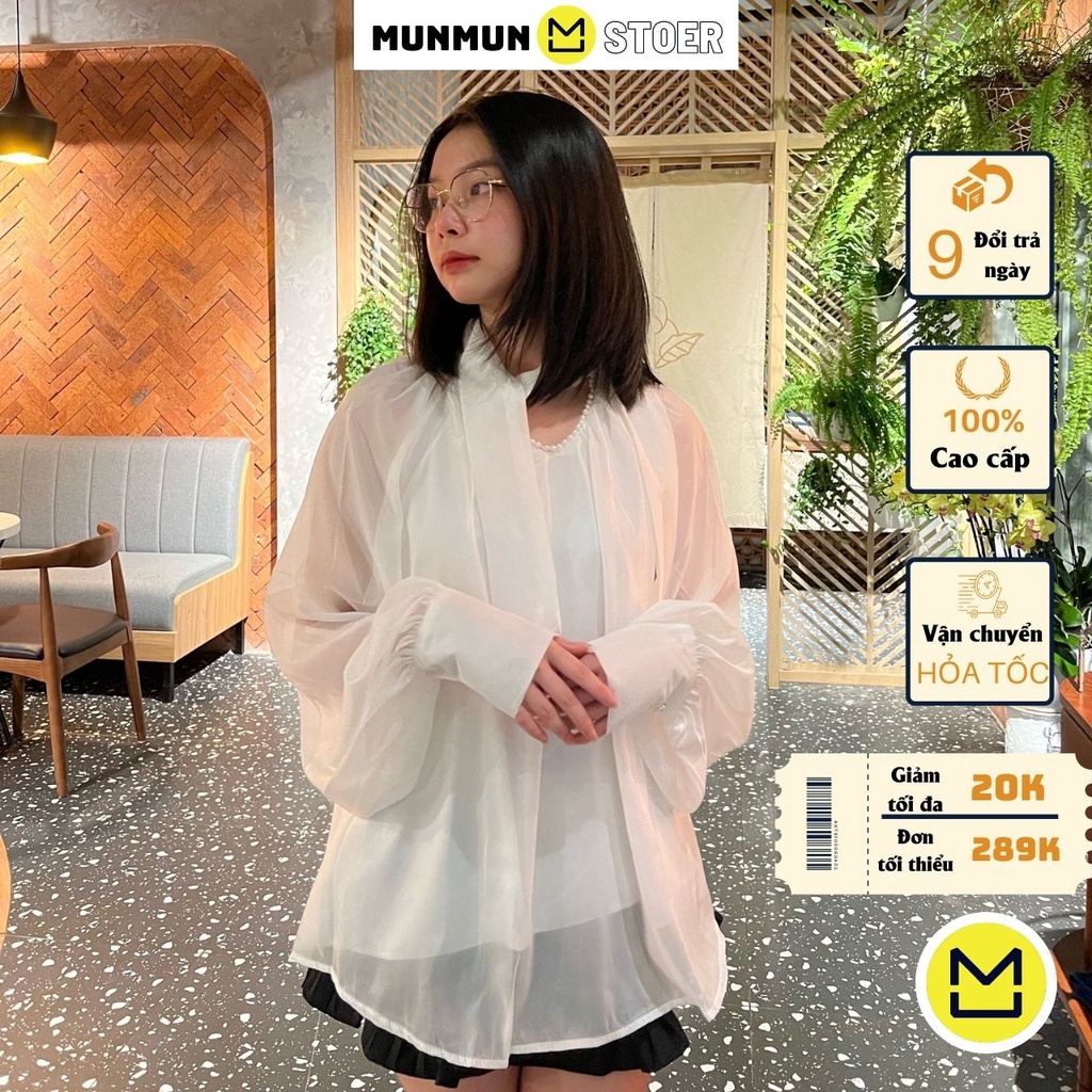 Áo sơ mi tiểu thư munmun lụa cổ ngọc dáng dài bo tay nữ tính