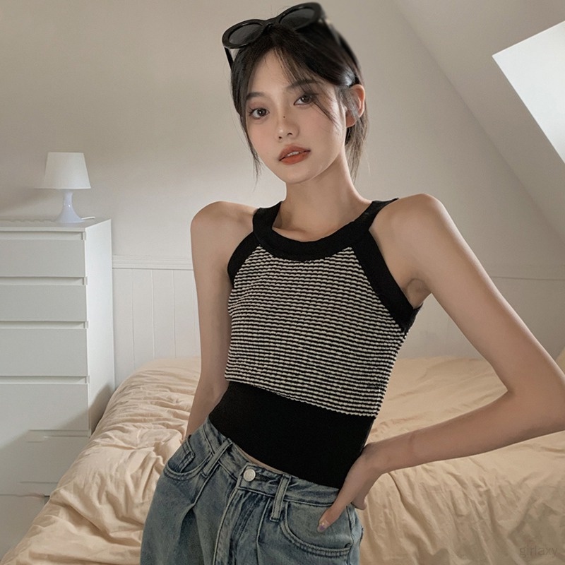 Áo Lửng Hai Dây Dệt Kim Kẻ Sọc Màu Sắc Gợi Cảm Thời Trang Mùa Hè Hàn Quốc Cho Nữ