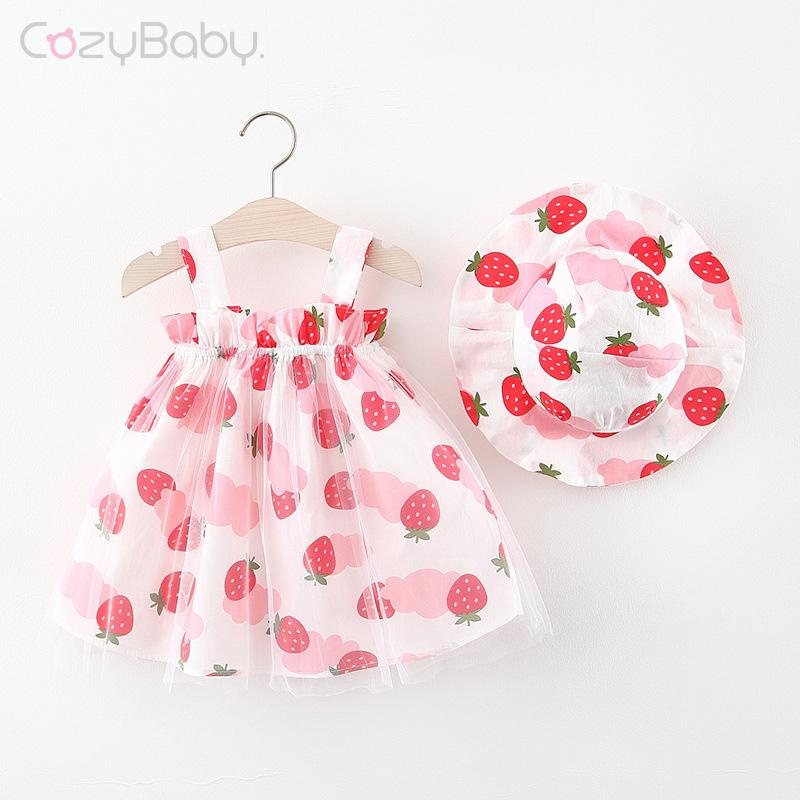 Set 2 Món Đầm Thời Trang Mùa Hè Ngọt Ngào Kèm Nón Cho Bé Gái 0-18 Tháng Tuổi