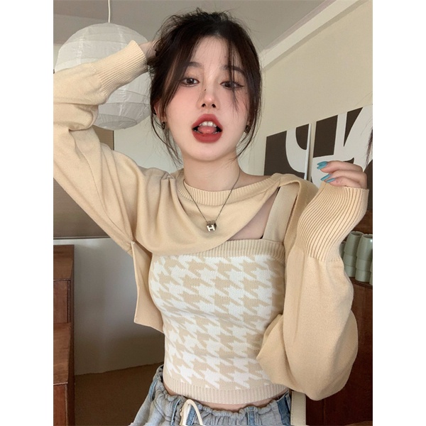 QADCOL Set áo hai dây và áo sweater dệt kim dài tay lệch tà thời trang dành cho nữ (đặt hàng riêng)