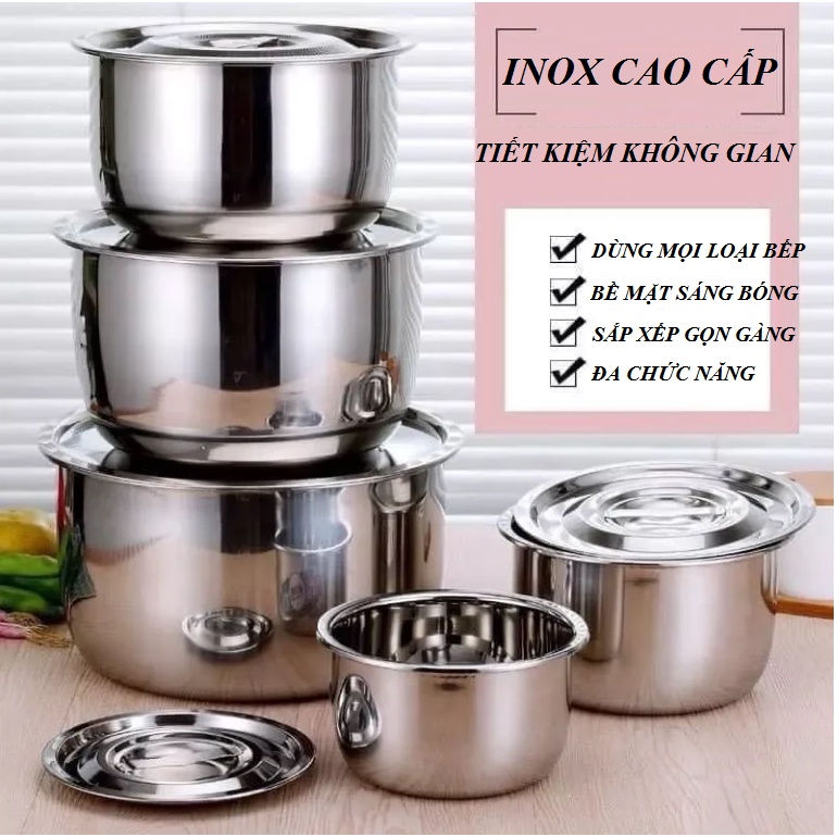 Bộ 5 Nồi Inox Cao Cấp, 5 Size Khác Nhau Giúp Bạn Dùng Được Cho Nhiều Mục Đích. Inox Sáng Bóng