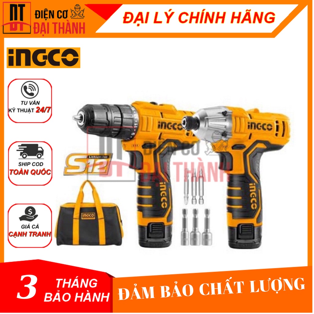 Bộ combo máy khoan 10mm &amp; siết vít dùng pin Lithum 12V INGCO CKLI1201