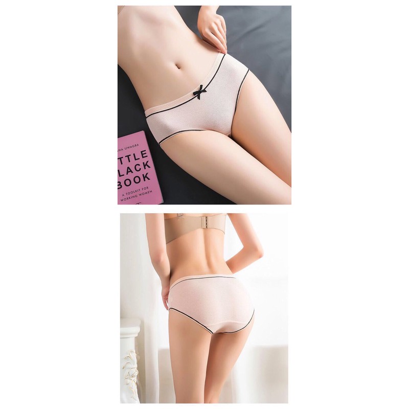 Quần Lót Cotton Tăm Viền Kẻ Phối Nơ Cao Cấp,.