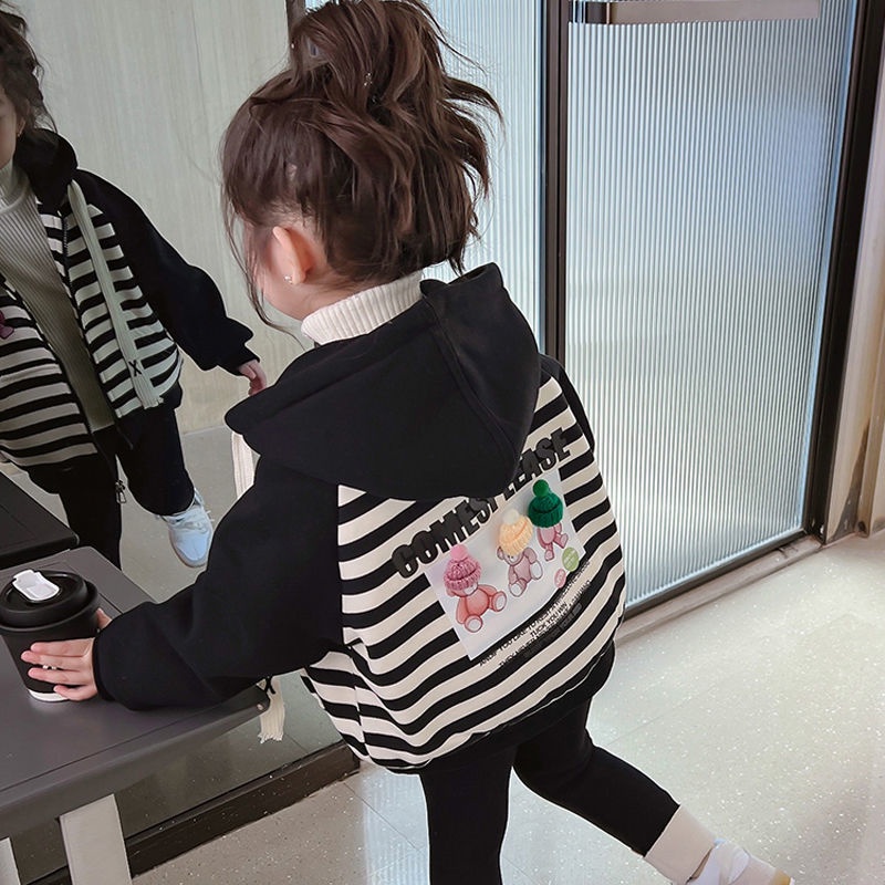 Áo Khoác Dày Có Mũ Trùm Với Họa Tiết Sọc Theo Phong Cách Mới Dành Cho Bé Gái