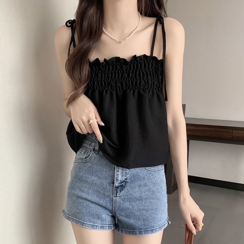 Áo Hai Dây Xếp Ly Màu Trơn Thời Trang Mùa Hè Hàn Quốc Cho Nữ