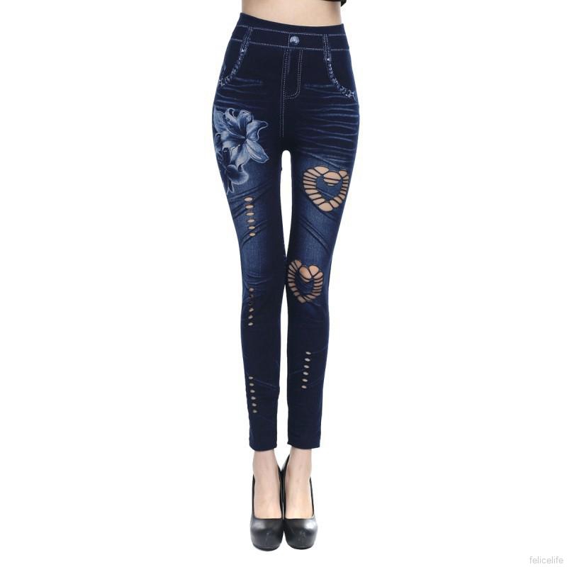 FREESHIP ĐƠN 99K_ Quần legging giả jean họa tiết rách lỗ cho nữ